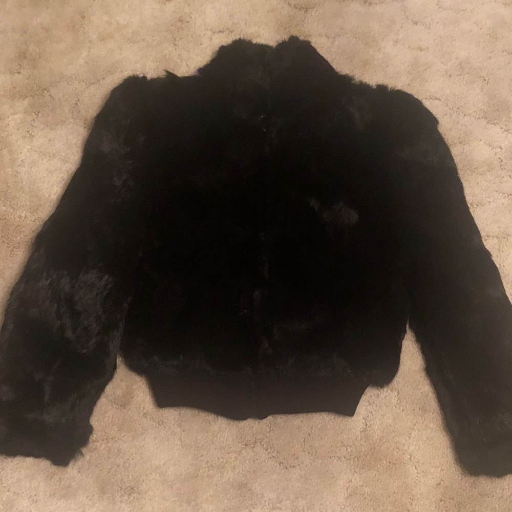 Black Genuine Rabbit Fur Bomber Jacket - Women's Cozy Outerwear